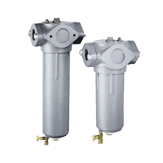 Two stainless steel Industrial condensate treatment solutions range - Atlas Copco WSD Water Separators against a solid background 